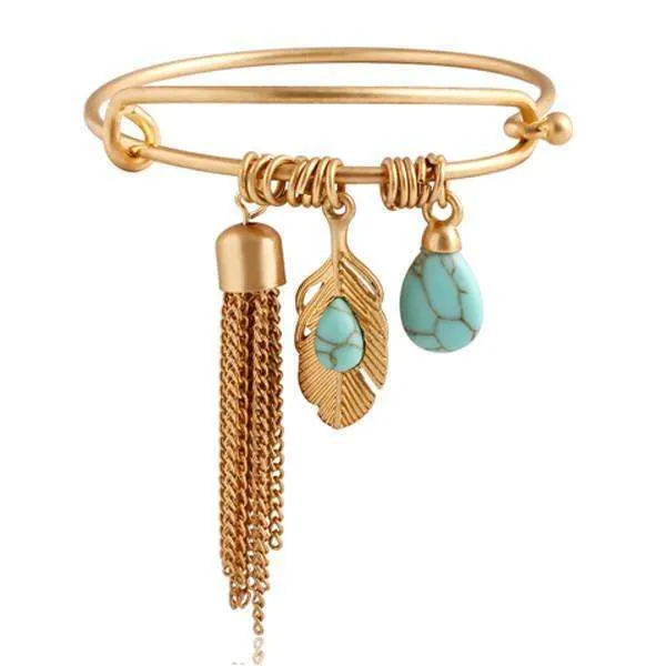 Vintage Turquoise Tassel Bangle 14K Gold Plated