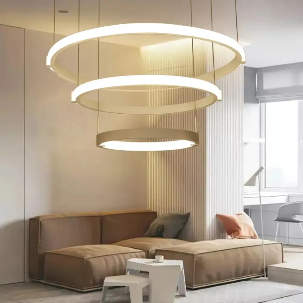 White Double Ring Chandelier with LED Hanging Ceiling Light - Simple Style, Warm/White Light