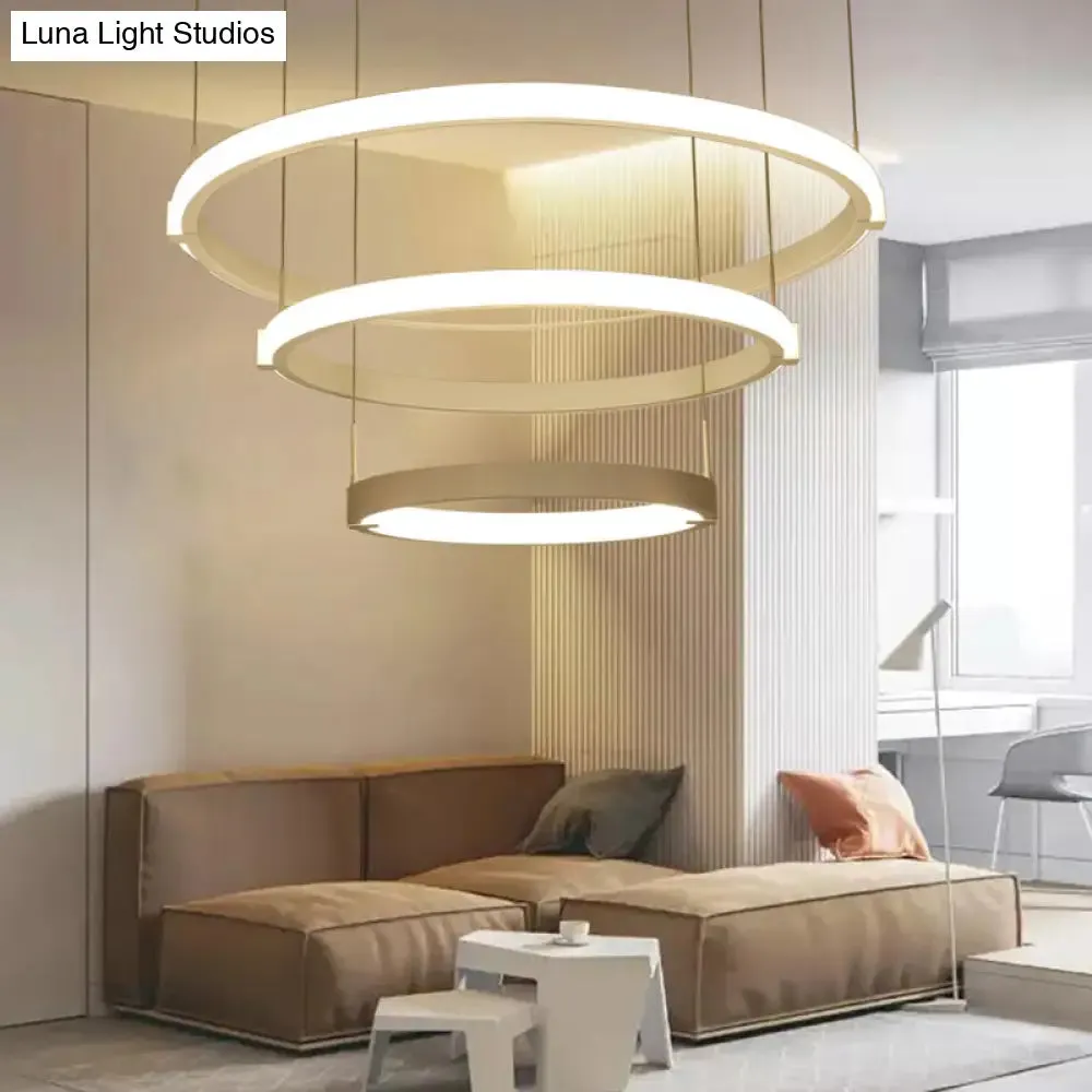 White Double Ring Chandelier with LED Hanging Ceiling Light - Simple Style, Warm/White Light