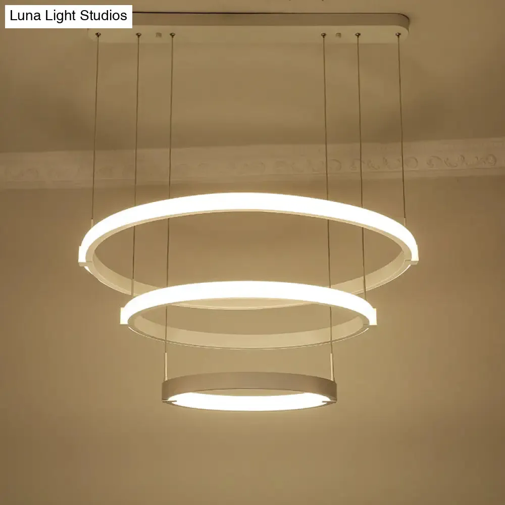 White Double Ring Chandelier with LED Hanging Ceiling Light - Simple Style, Warm/White Light