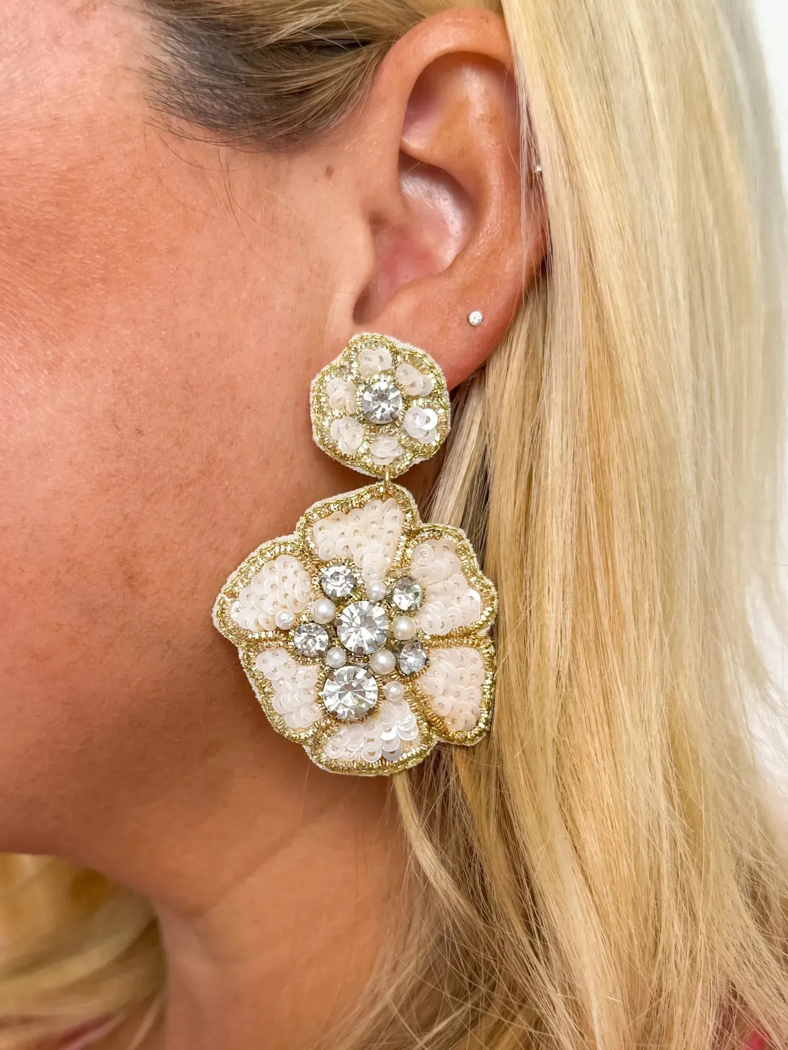 White Sequin Flower Earrings