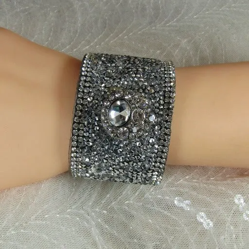 Wide Leather Sparkly Cuff Bracelet