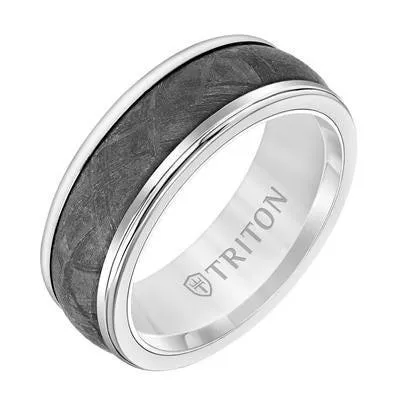 WITTEN Round Edge Meteorite Insert White Tungsten Wedding Band - 8mm